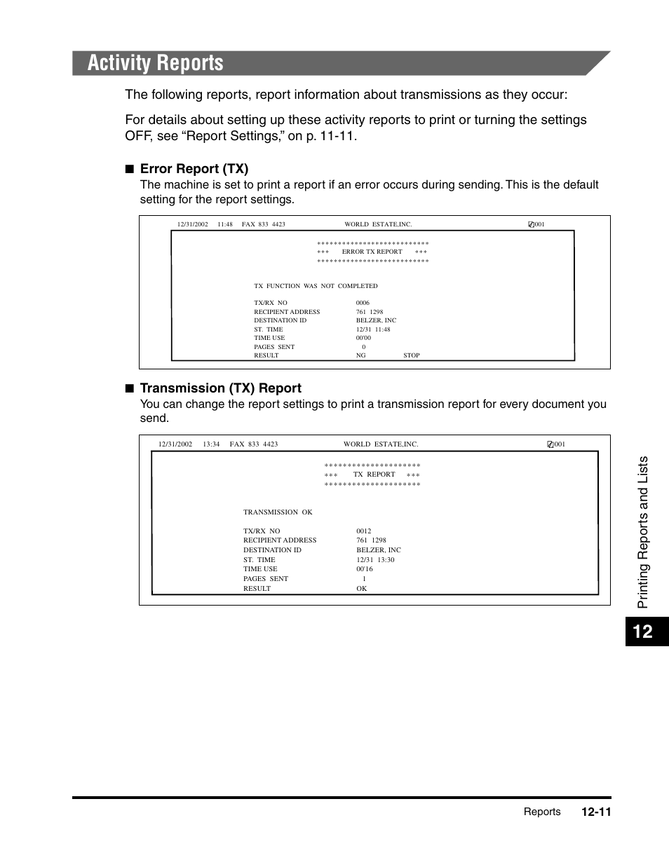 Activity reports, Activity reports -11, Pr inting repor ts and lists | Error report (tx), Transmission (tx) report | Canon 700 Series User Manual | Page 308 / 365