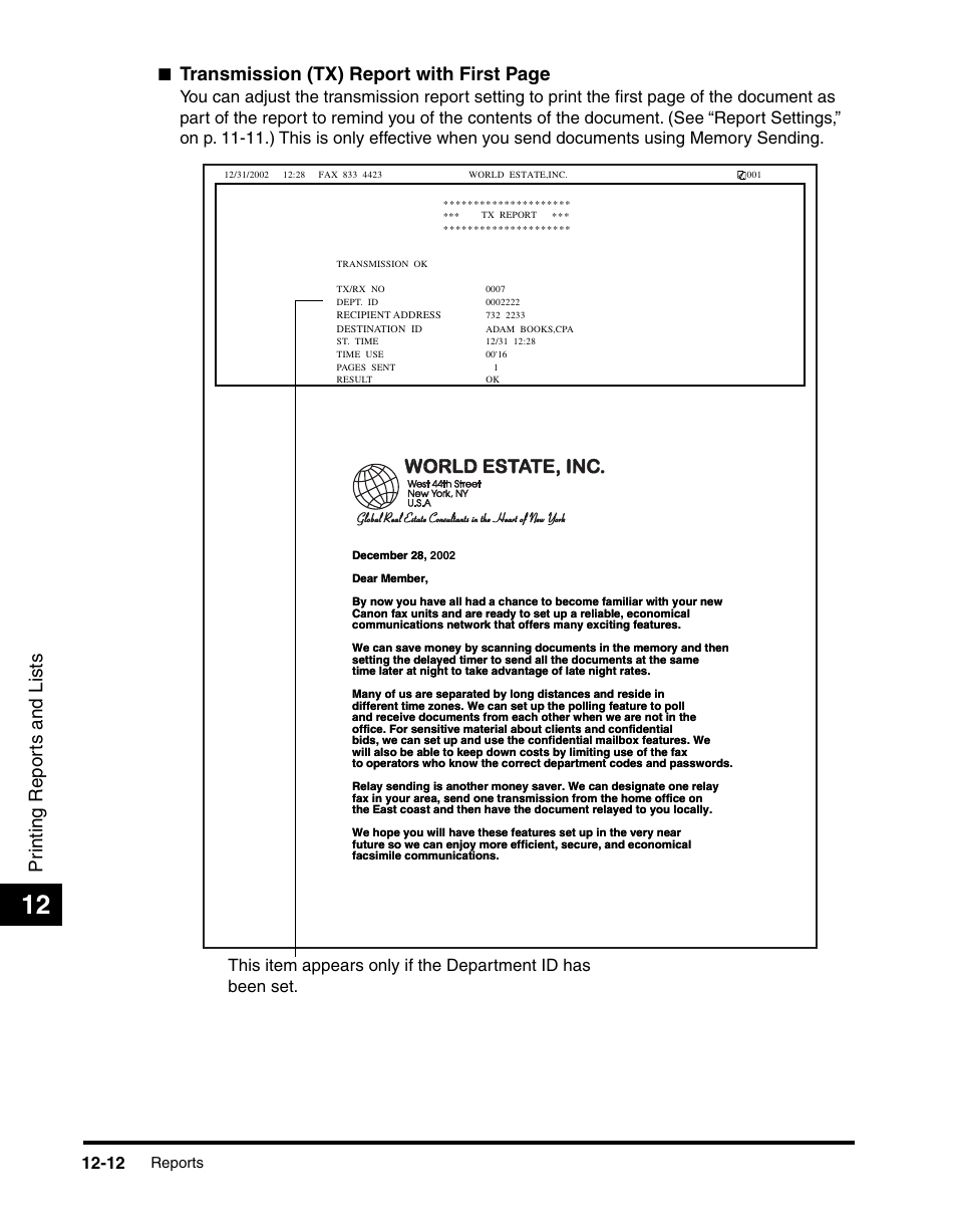 Pr inting repor ts and lists, Transmission (tx) report with first page, Reports | Canon 700 Series User Manual | Page 309 / 365