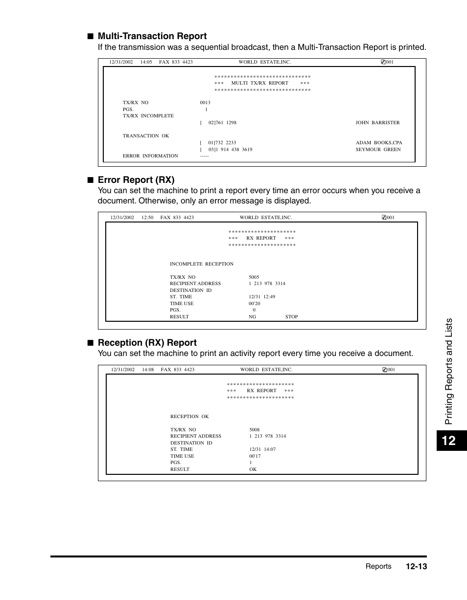 Pr inting repor ts and lists, Multi-transaction report, Error report (rx) | Reception (rx) report, Reports | Canon 700 Series User Manual | Page 310 / 365