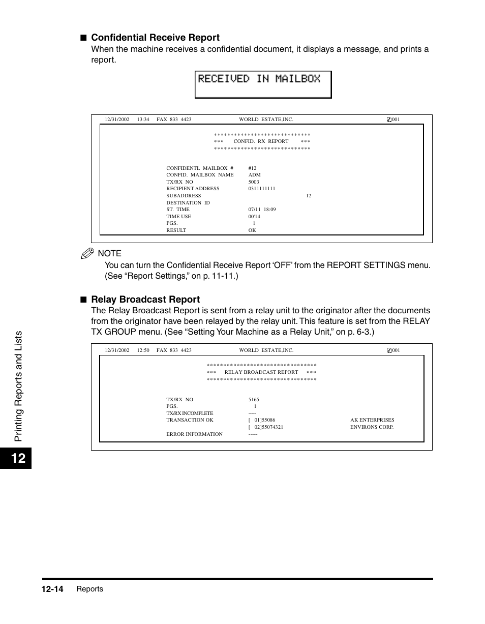 Pr inting repor ts and lists, Confidential receive report, Relay broadcast report | Canon 700 Series User Manual | Page 311 / 365