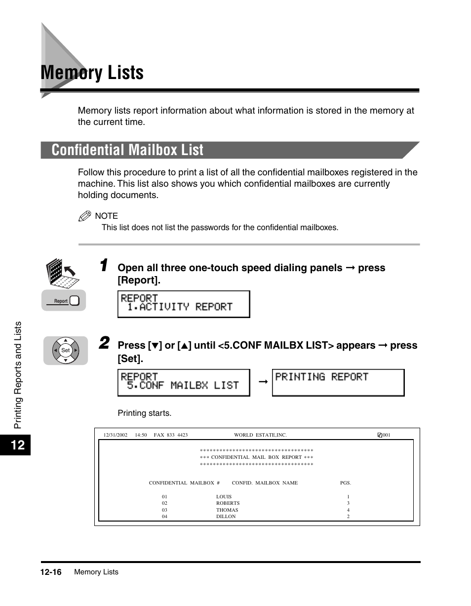 Memory lists, Confidential mailbox list, Memory lists -16 | Confidential mailbox list -16, Press, Until <5.conf mailbx list> appears ➞ press [set | Canon 700 Series User Manual | Page 313 / 365