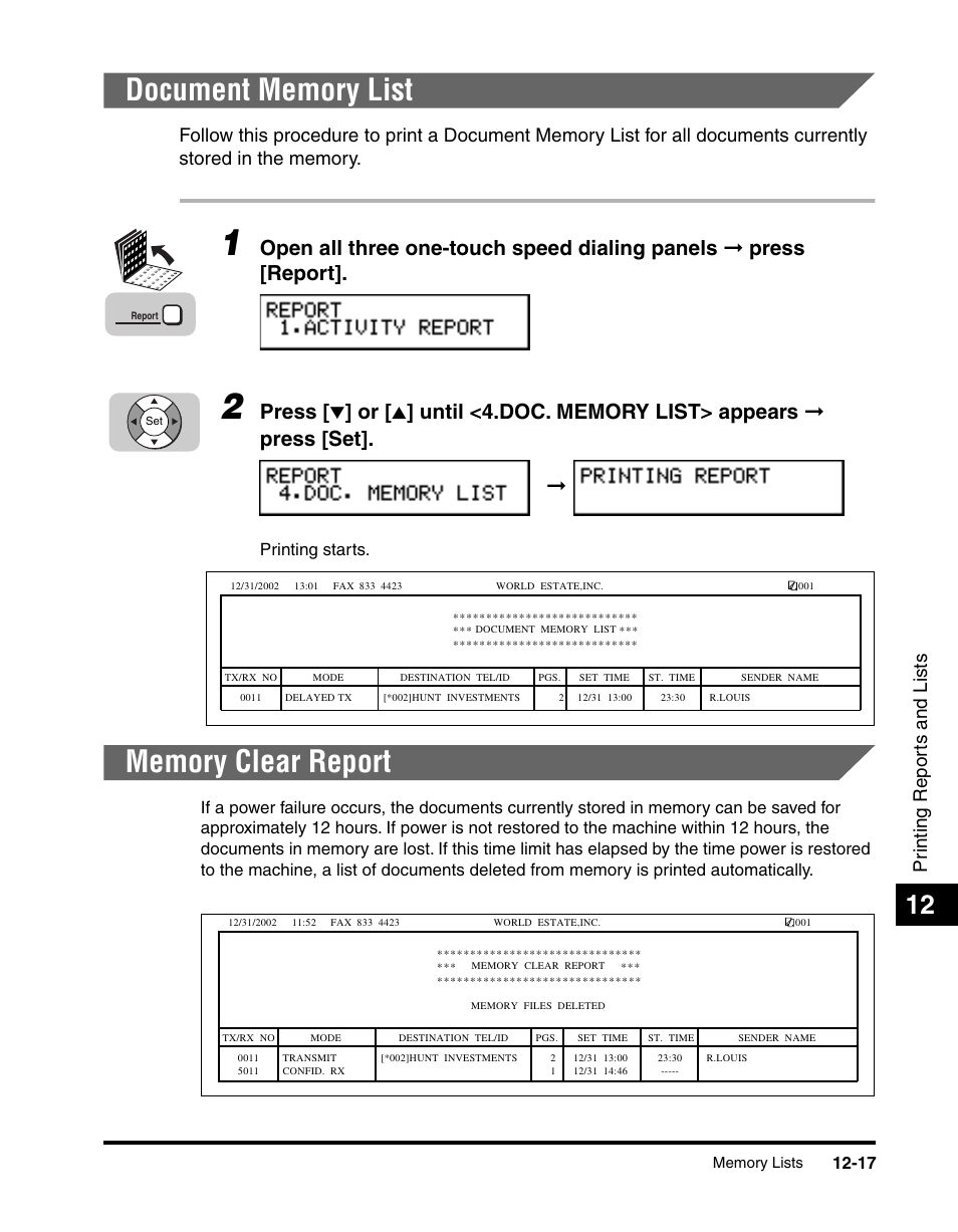 Document memory list, Memory clear report, Document memory list -17 memory clear report -17 | Press, Pr inting repor ts and lists, Printing starts | Canon 700 Series User Manual | Page 314 / 365