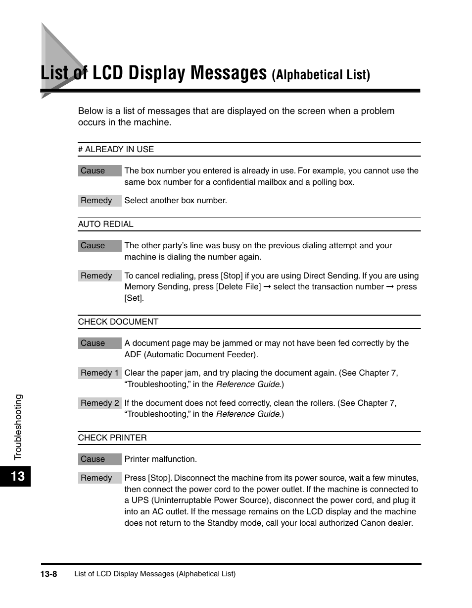 List of lcd display messages (alphabetical list), List of lcd display messages, Alphabetical list) | Canon 700 Series User Manual | Page 323 / 365