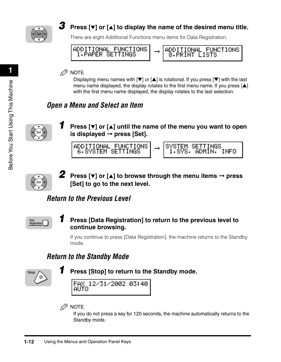 Open a menu and select an item, Return to the previous level, Return to the standby mode | Canon 700 Series User Manual | Page 33 / 365