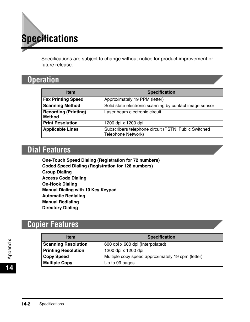 Specifications, Operation, Dial features | Copier features, Specifications -2, Operation -2 dial features -2 copier features -2, Operation dial features copier features | Canon 700 Series User Manual | Page 339 / 365