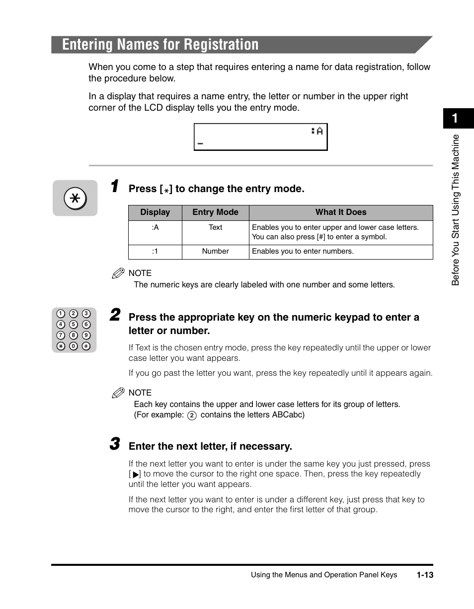 Entering names for registration, Entering names for registration -13 | Canon 700 Series User Manual | Page 34 / 365