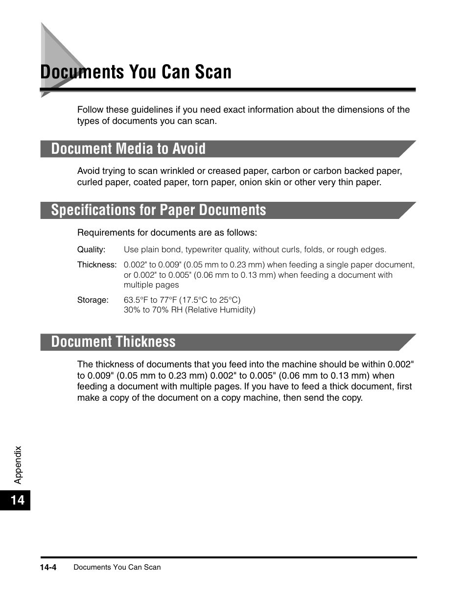 Documents you can scan, Document media to avoid, Specifications for paper documents | Document thickness, Documents you can scan -4, Documents you can scan,” on p. 14-4.), See “documents you can scan,” on p. 14-4.) | Canon 700 Series User Manual | Page 341 / 365