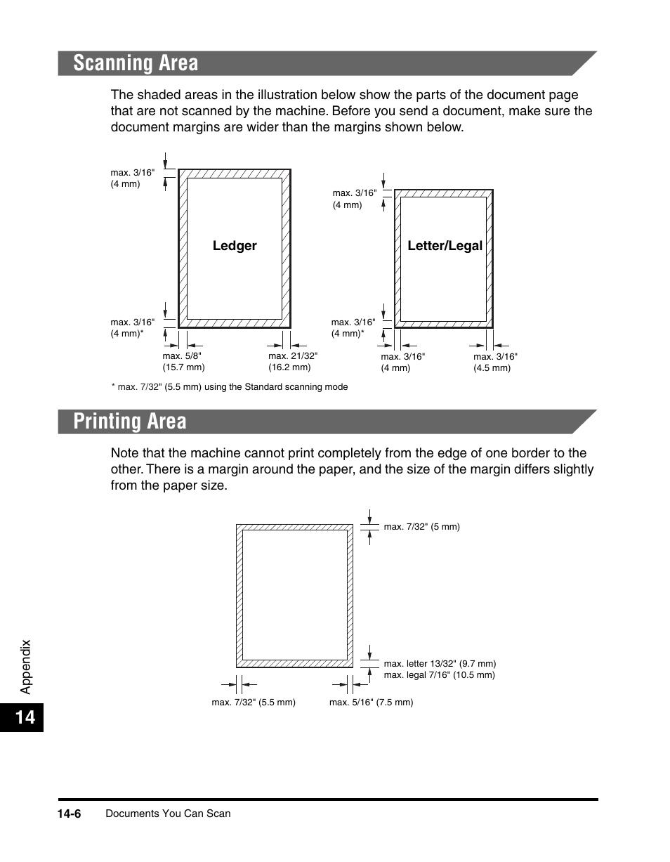 Scanning area, Printing area, Scanning area -6 printing area -6 | Canon 700 Series User Manual | Page 343 / 365