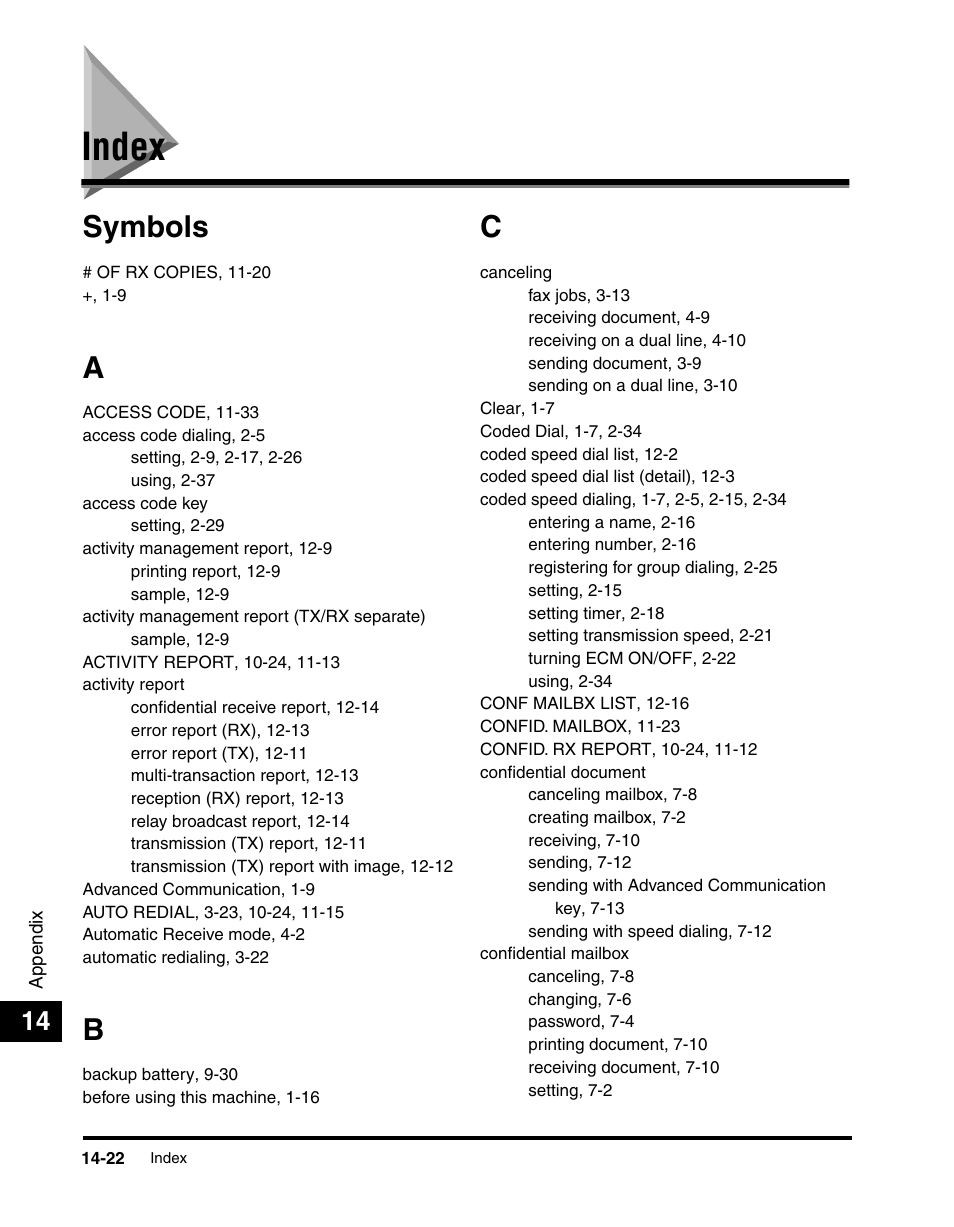 Index, Index -22, Symbols | Canon 700 Series User Manual | Page 359 / 365