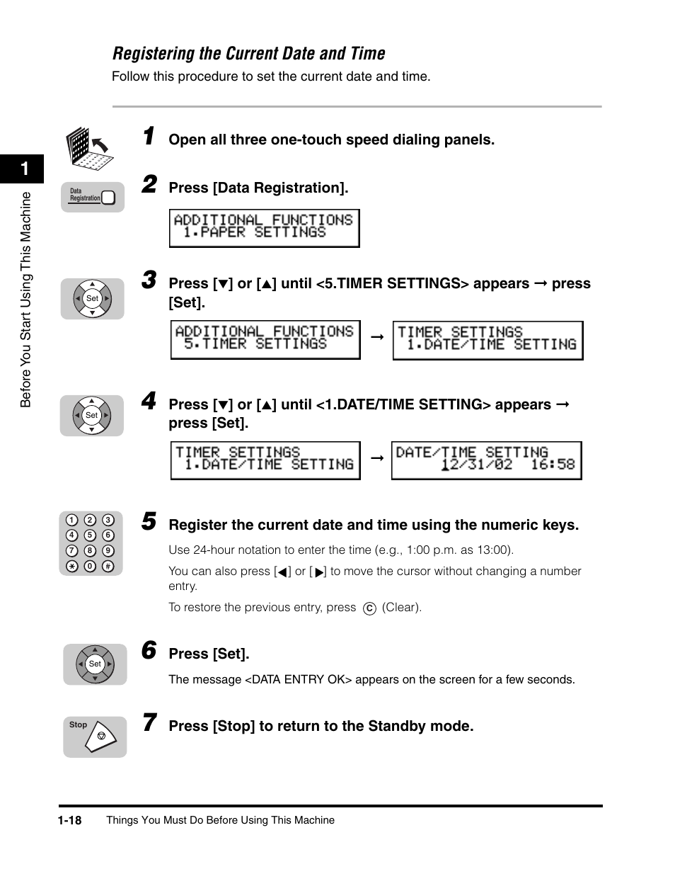 Registering the current date and time -18, Registering the current date and time | Canon 700 Series User Manual | Page 39 / 365