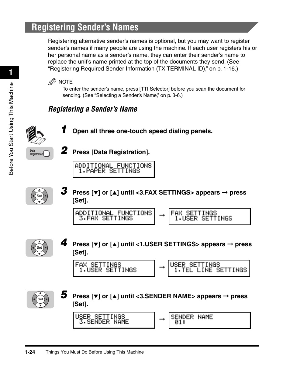 Registering sender’s names, Registering sender’s names -24, Registering a sender’s name -24 | Registering a sender’s name | Canon 700 Series User Manual | Page 45 / 365