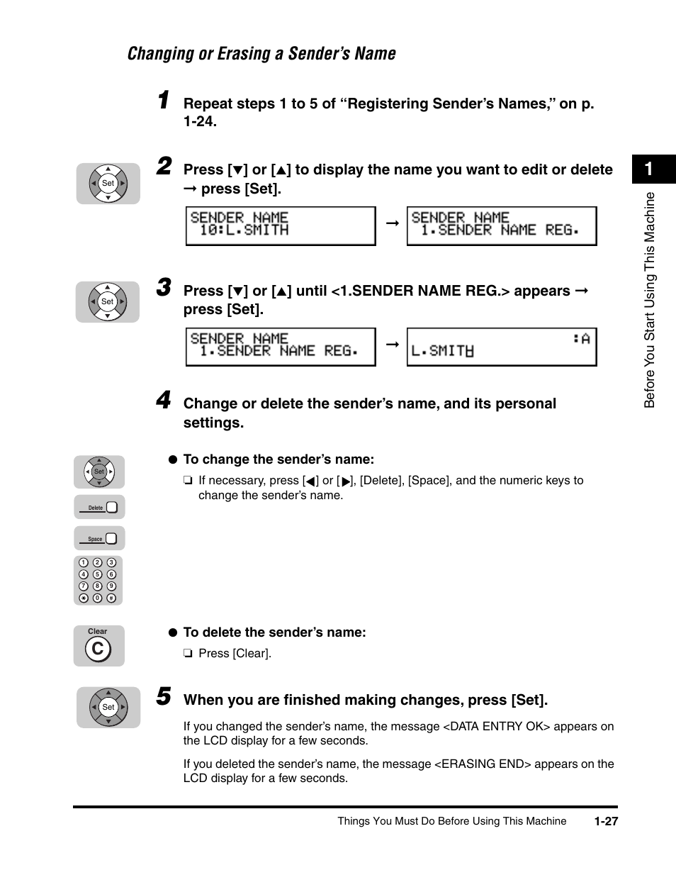 Changing or erasing a sender’s name -27, Changing or erasing a sender’s name | Canon 700 Series User Manual | Page 48 / 365