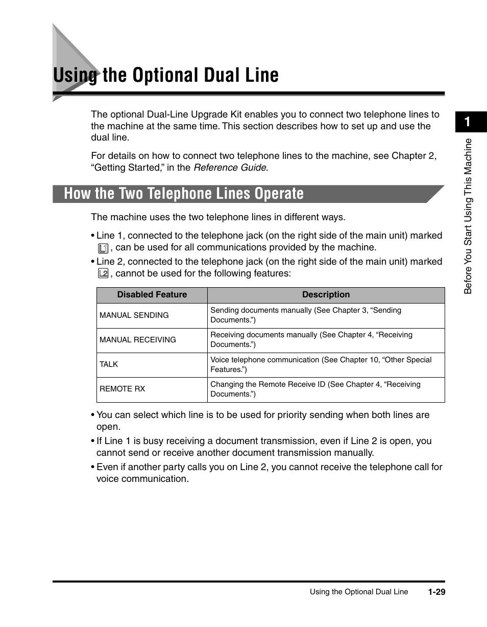 Using the optional dual line, How the two telephone lines operate, Using the optional dual line -29 | How the two telephone lines operate -29 | Canon 700 Series User Manual | Page 50 / 365