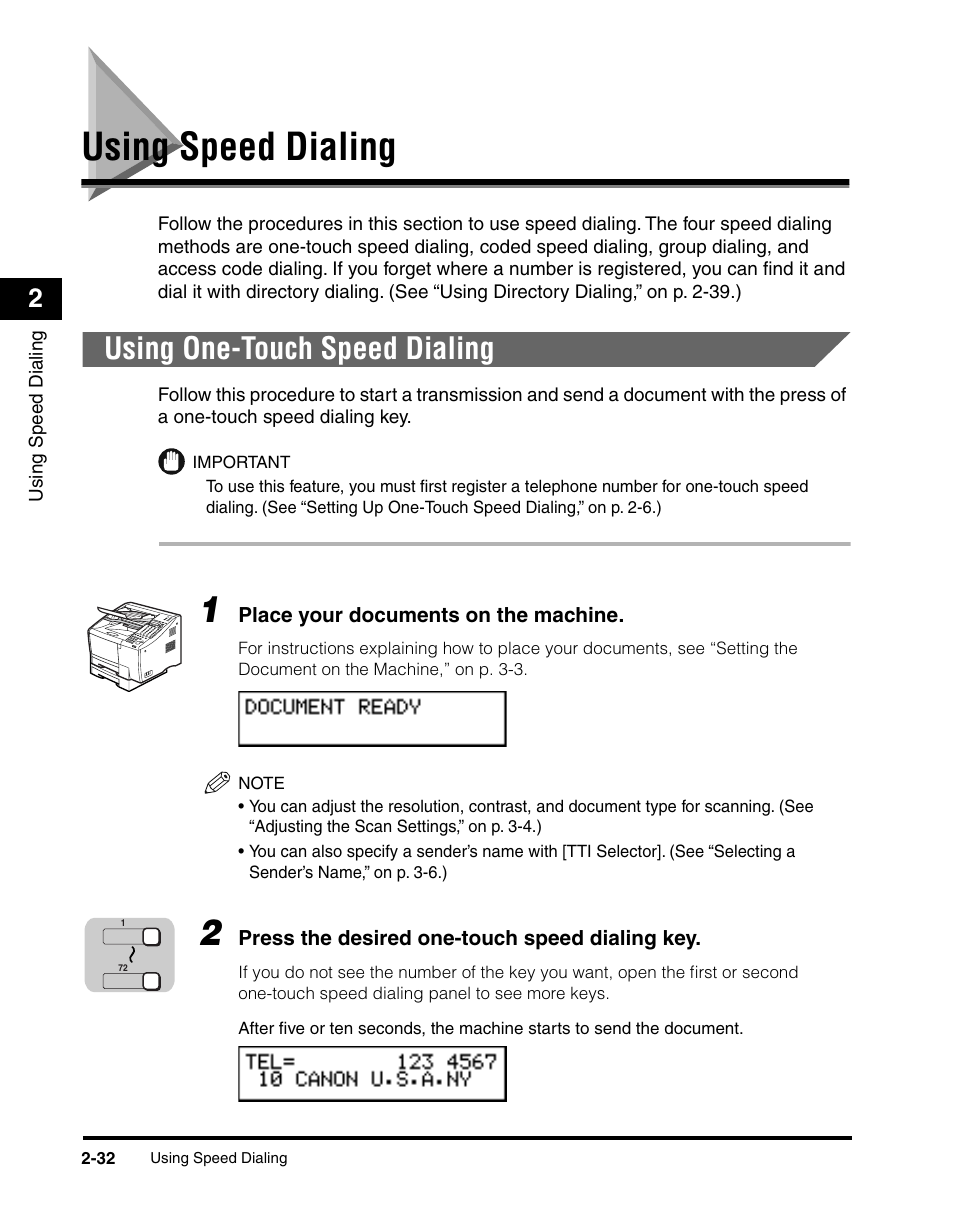 Using speed dialing, Using one-touch speed dialing, Using speed dialing -32 | Using one-touch speed dialing -32 | Canon 700 Series User Manual | Page 89 / 365