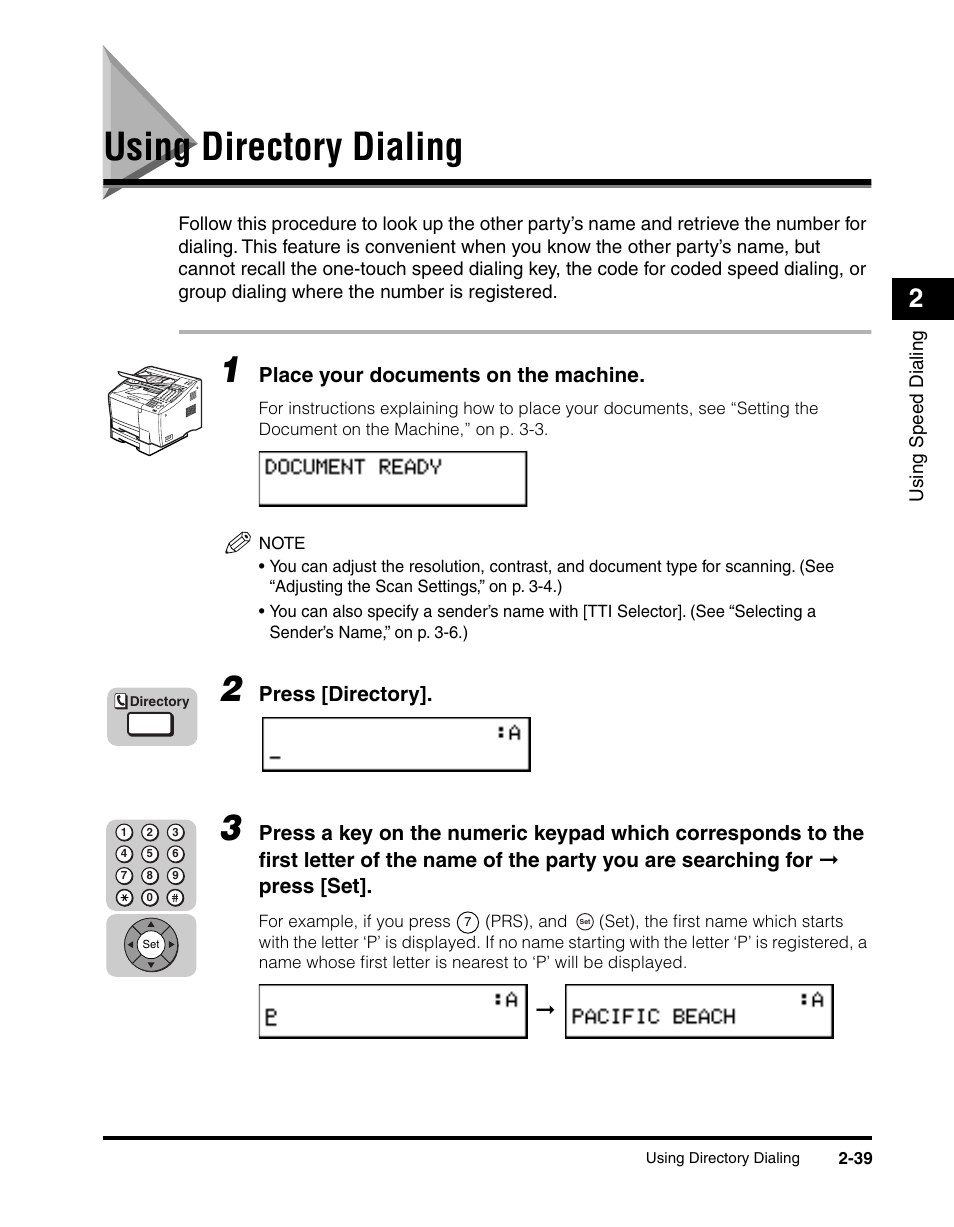 Using directory dialing, Using directory dialing -39, See “using directory dialing,” on p. 2-39.) | Canon 700 Series User Manual | Page 96 / 365