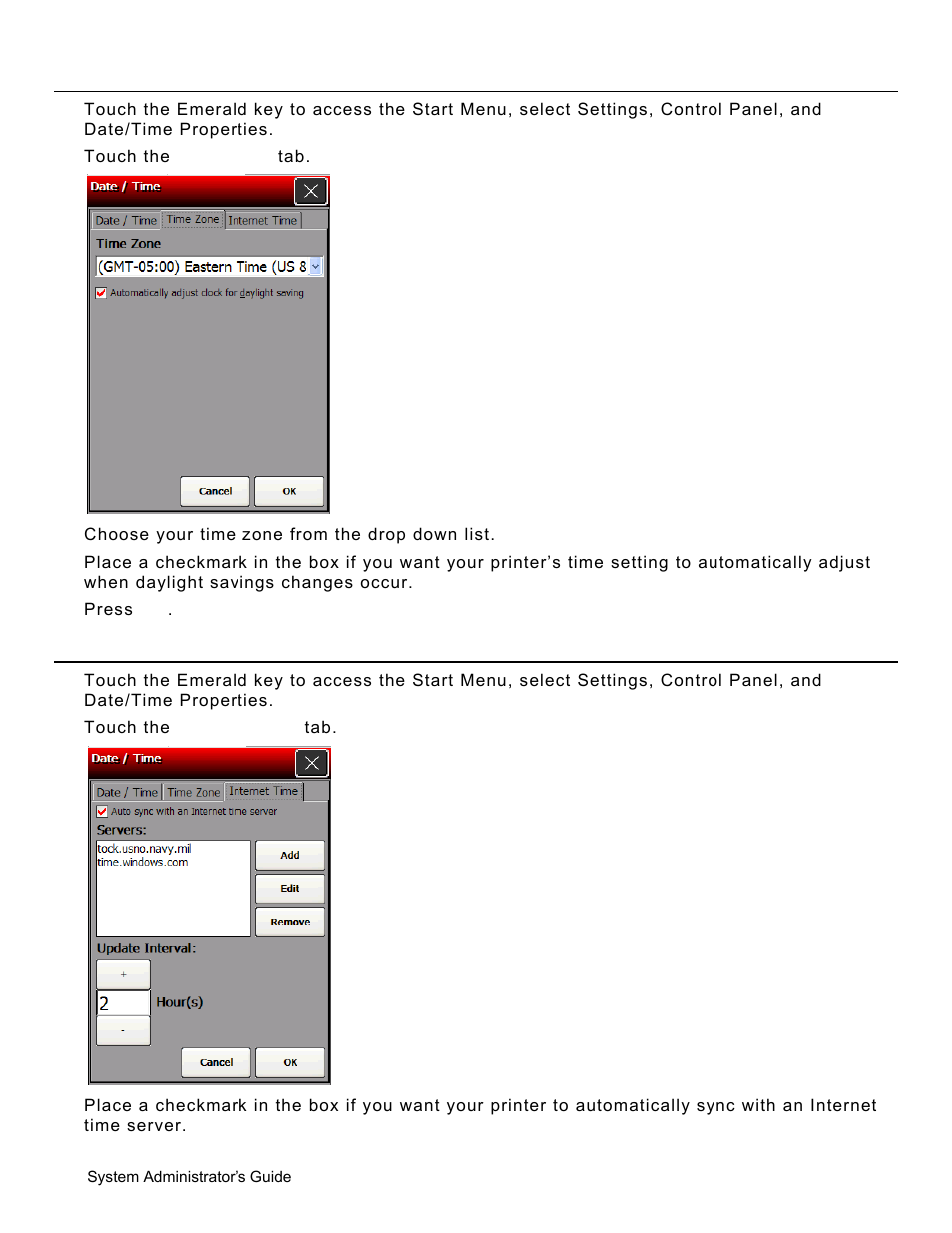 Setting the time zone, Setting the internet time, Setting the time zone -2 | Setting the internet time -2 | Avery Dennison Pathfinder 6057 System Administrator Guide User Manual | Page 10 / 60