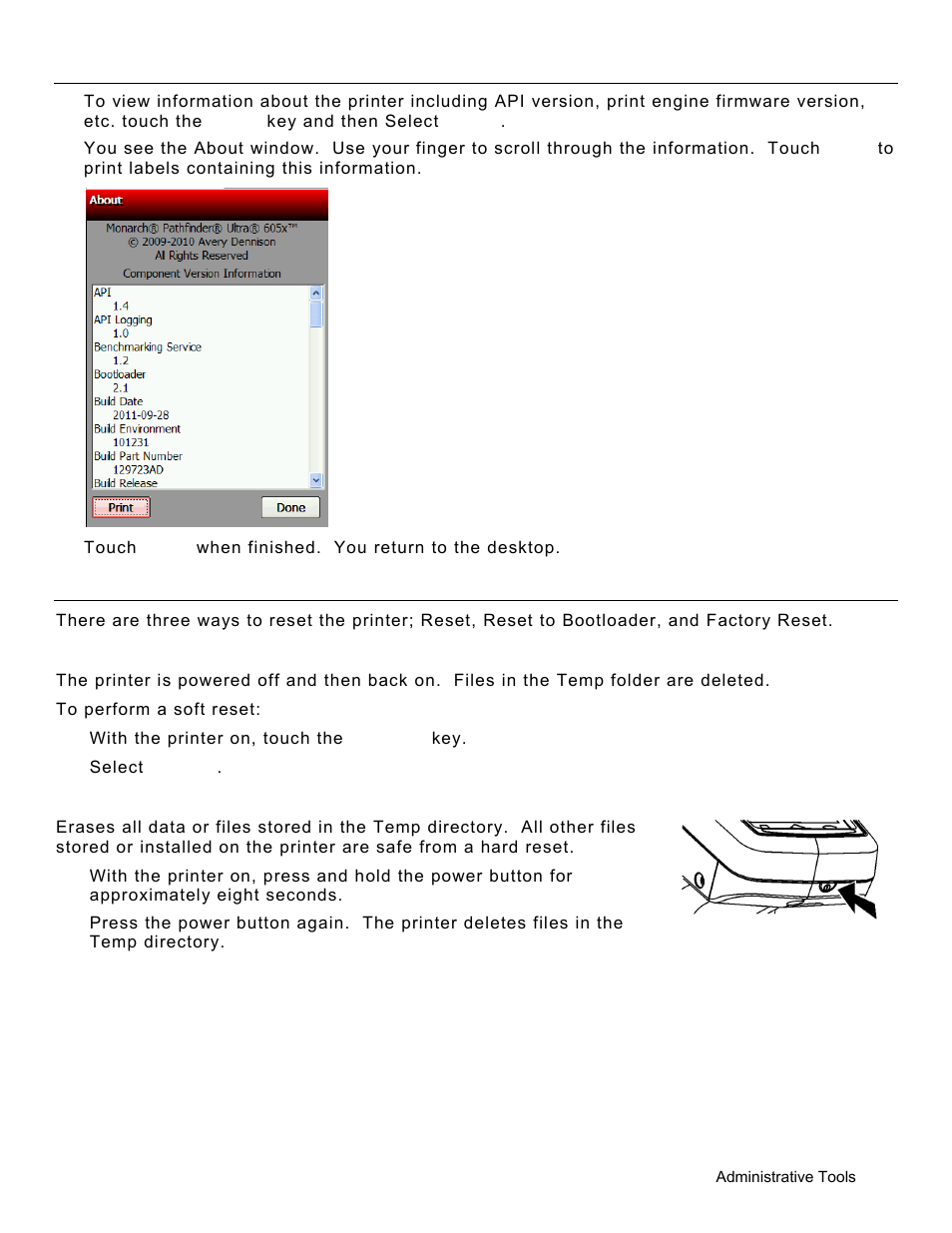 Viewing the printer’s software version, Resetting the printer, Soft reset using the start menu | Hard reset using the power button, Viewing the printer’s software version -13, Resetting the printer -13, Soft reset using the start menu -13, Hard reset using the power button -13 | Avery Dennison Pathfinder 6057 System Administrator Guide User Manual | Page 21 / 60