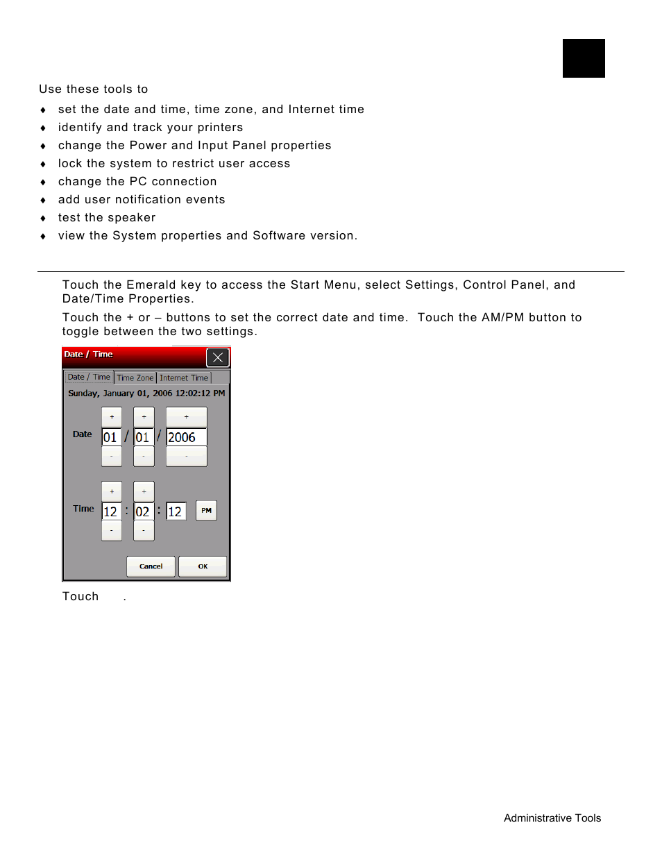 Administrative tools, Setting the date and time, Administrative tools -1 | Setting the date and time -1 | Avery Dennison Pathfinder 6057 System Administrator Guide User Manual | Page 9 / 60