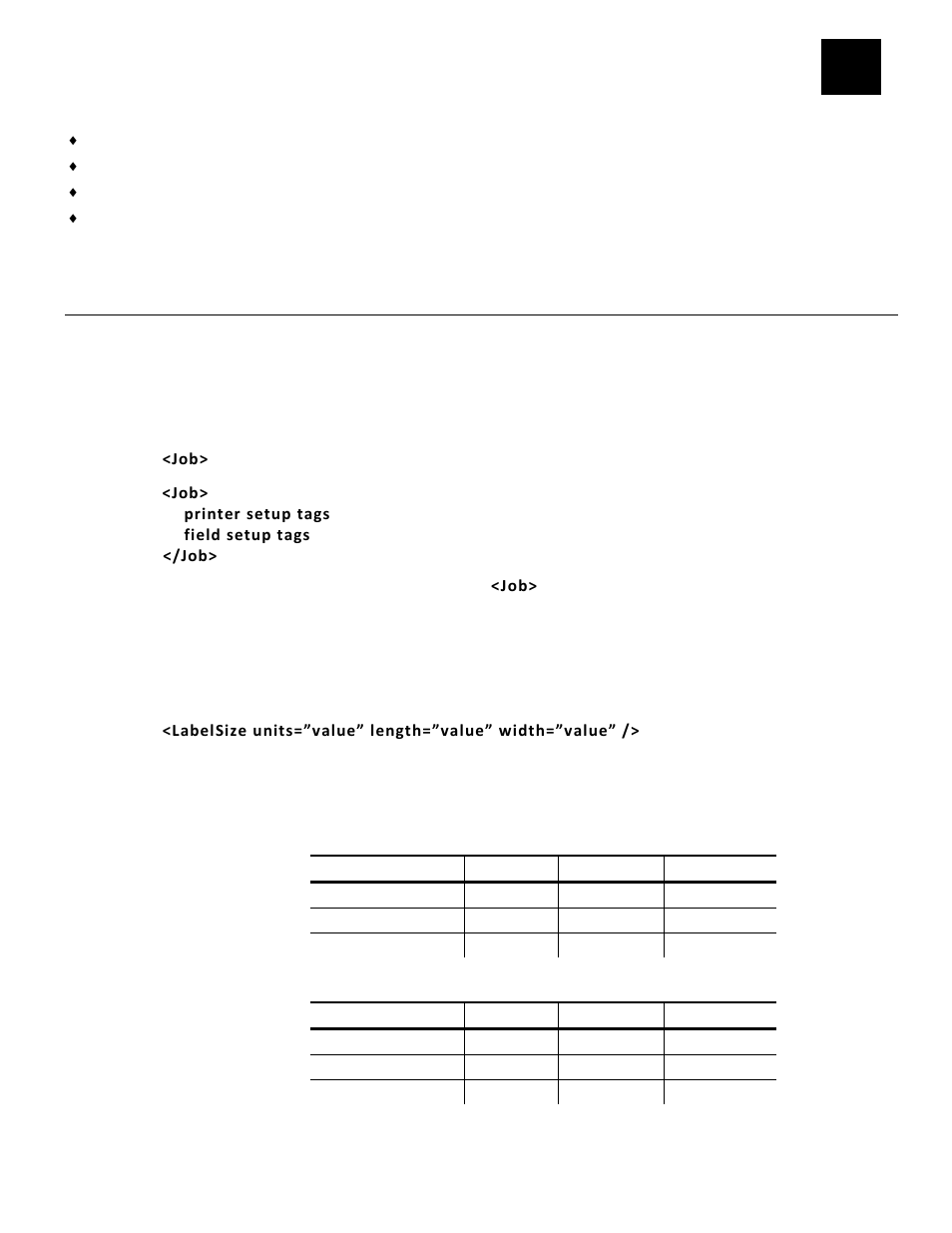 Defining printer setup xml tags, Defining printer setup tags, Defining the job container (required) | Defining the labelsize tag (required), Defining printer setup xml tags -1, Defining printer setup tags -1 | Avery Dennison Pathfinder 6057 LNT Programmer Manual using XML User Manual | Page 15 / 80