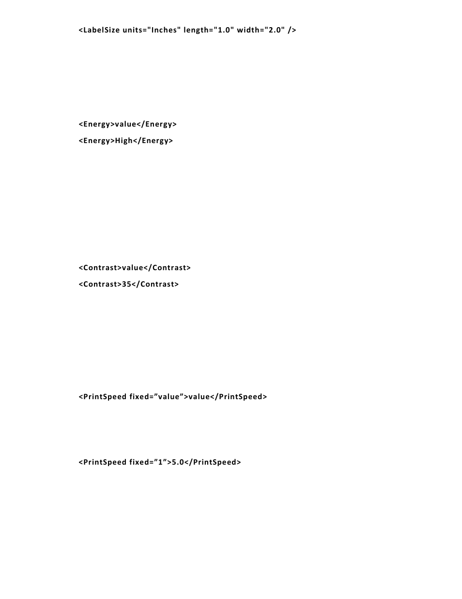 Defining the energy tag (optional), Defining the contrast tag (optional), Defining the printspeed tag (optional) | Avery Dennison Pathfinder 6057 LNT Programmer Manual using XML User Manual | Page 16 / 80