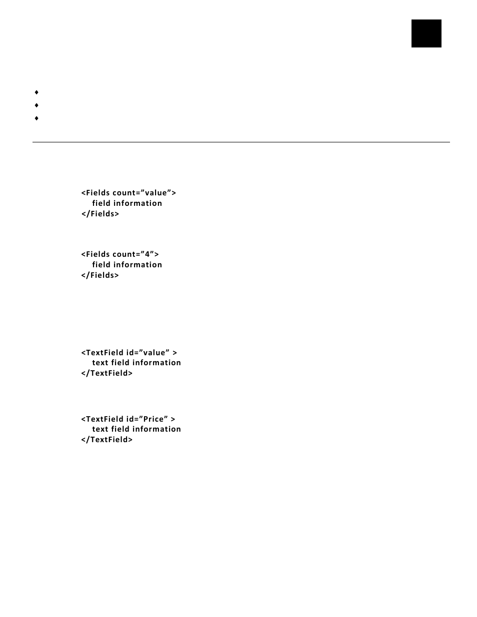 Defining field setup xml tags, Defining the fields container (required), Defining the textfield (required) | Defining field setup xml tags -1, Defining the fields container (required) -1, Defining the textfield (required) -1 | Avery Dennison Pathfinder 6057 LNT Programmer Manual using XML User Manual | Page 21 / 80