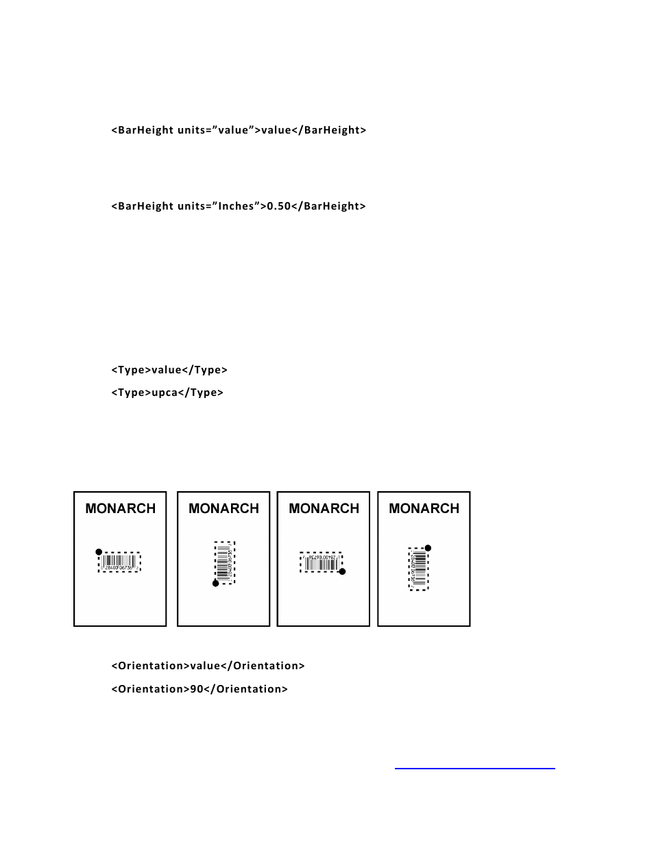 Defining the barheight tag (required), Defining the type tag (required), Defining the orientation tag (optional) | Defining the options tag (optional) | Avery Dennison Pathfinder 6057 LNT Programmer Manual using XML User Manual | Page 32 / 80