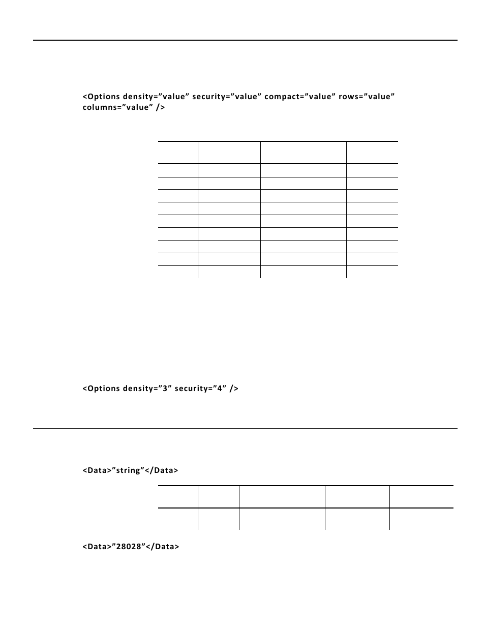 Defining the pdf417 options tag (optional), Defining data for postnet (optional) | Avery Dennison Pathfinder 6057 LNT Programmer Manual using XML User Manual | Page 52 / 80