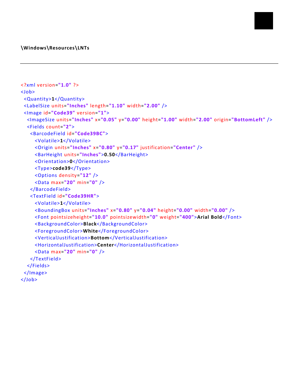 Sample lnt files, Code 39 bar code with text sample | Avery Dennison Pathfinder 6057 LNT Programmer Manual using XML User Manual | Page 65 / 80