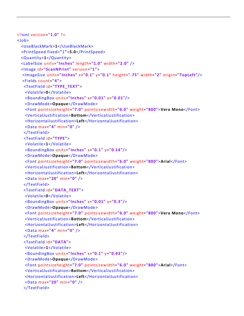 Text field sample | Avery Dennison Pathfinder 6057 LNT Programmer Manual using XML User Manual | Page 67 / 80