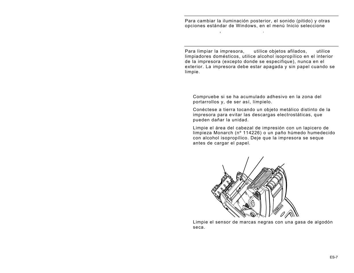 Cambio de los ajustes de pantalla, Limpieza de la impresora | Avery Dennison Pathfinder 6057 Quick Reference User Manual | Page 103 / 115