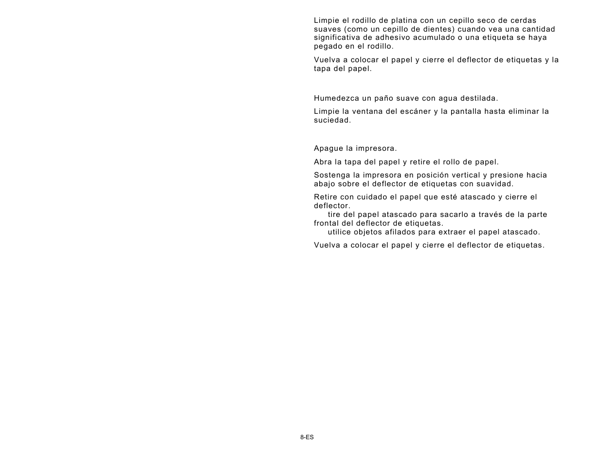 Limpieza de la ventana del escáner y la pantalla, Eliminación de atascos de papel | Avery Dennison Pathfinder 6057 Quick Reference User Manual | Page 104 / 115