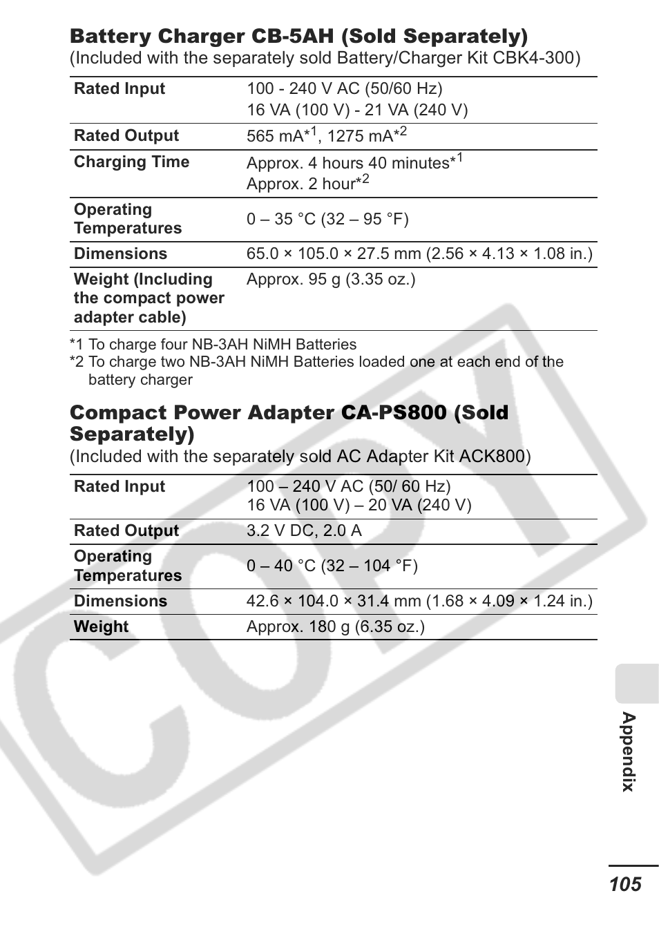 Battery charger cb-5ah (sold separately), Compact power adapter ca-ps800 (sold separately) | Canon A430 User Manual | Page 107 / 115