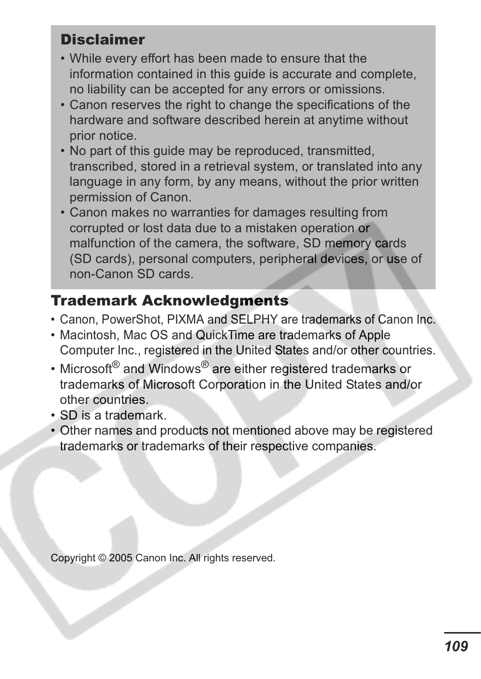 109 trademark acknowledgments, Disclaimer | Canon A430 User Manual | Page 111 / 115