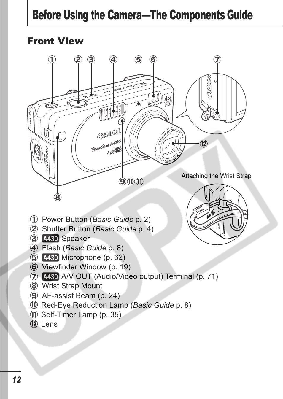 Before using the camera—the components guide, Front view | Canon A430 User Manual | Page 14 / 115