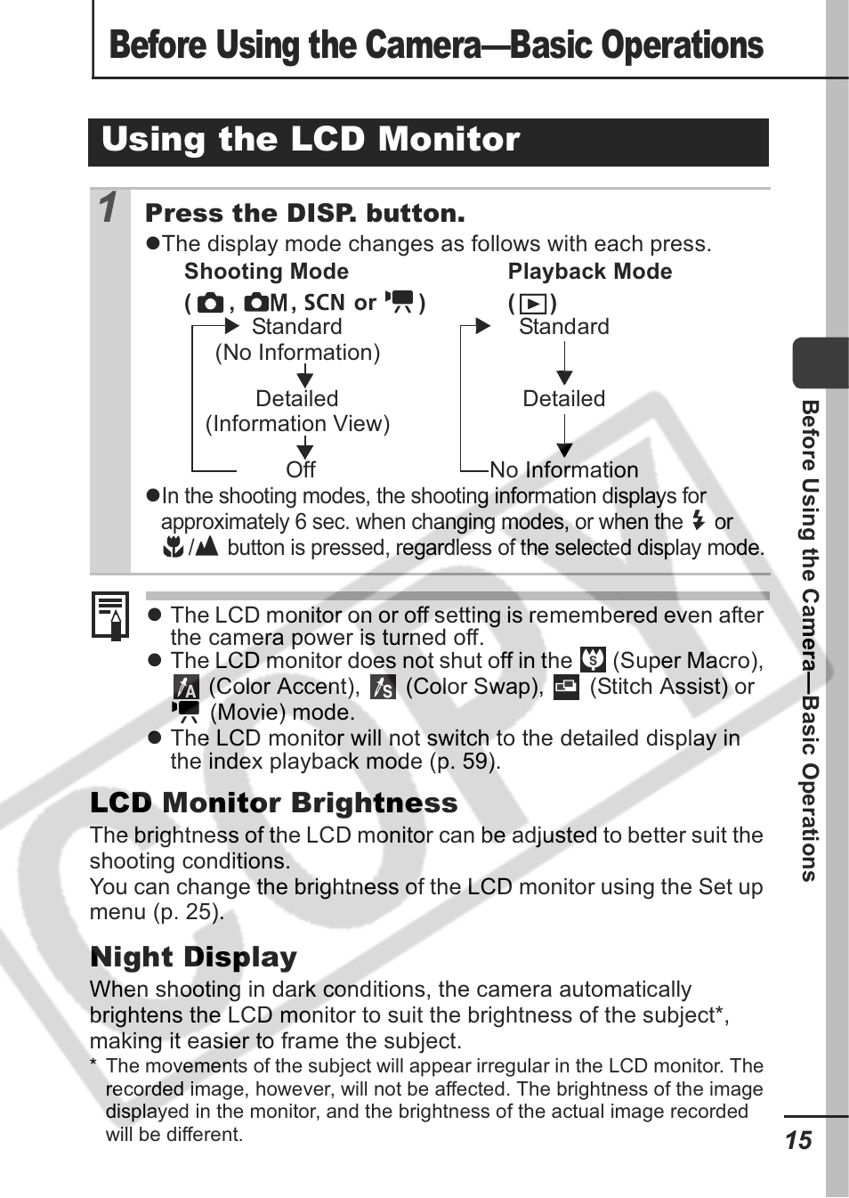 Before using the camera—basic operations, Using the lcd monitor, Lcd monitor brightness | Night display | Canon A430 User Manual | Page 17 / 115