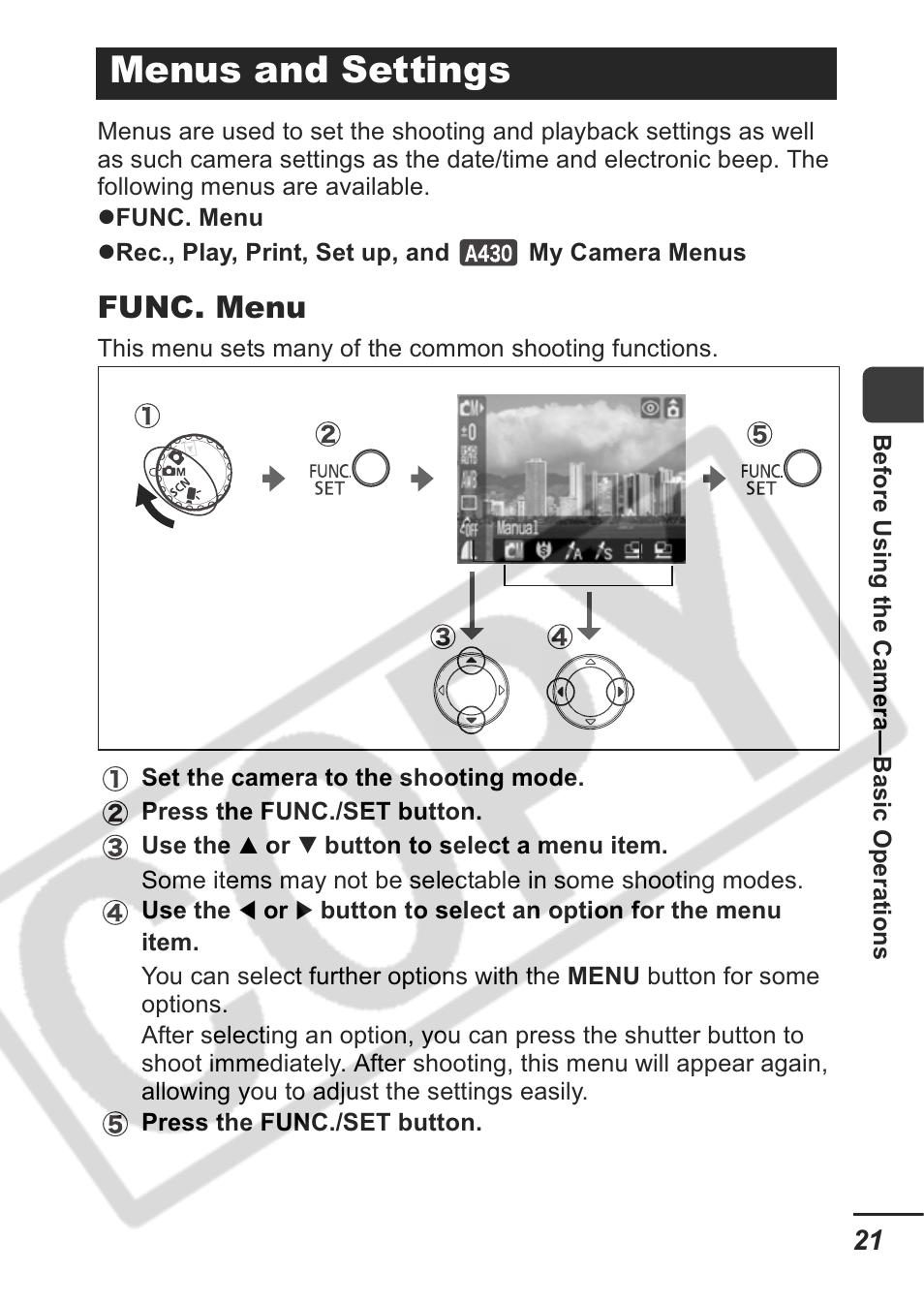 Menus and settings, Func. menu | Canon A430 User Manual | Page 23 / 115