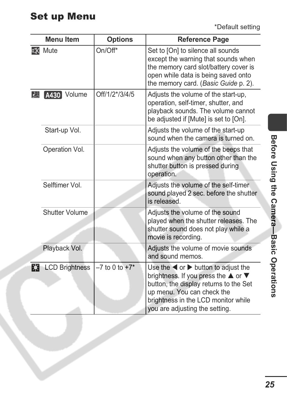 Set up menu | Canon A430 User Manual | Page 27 / 115