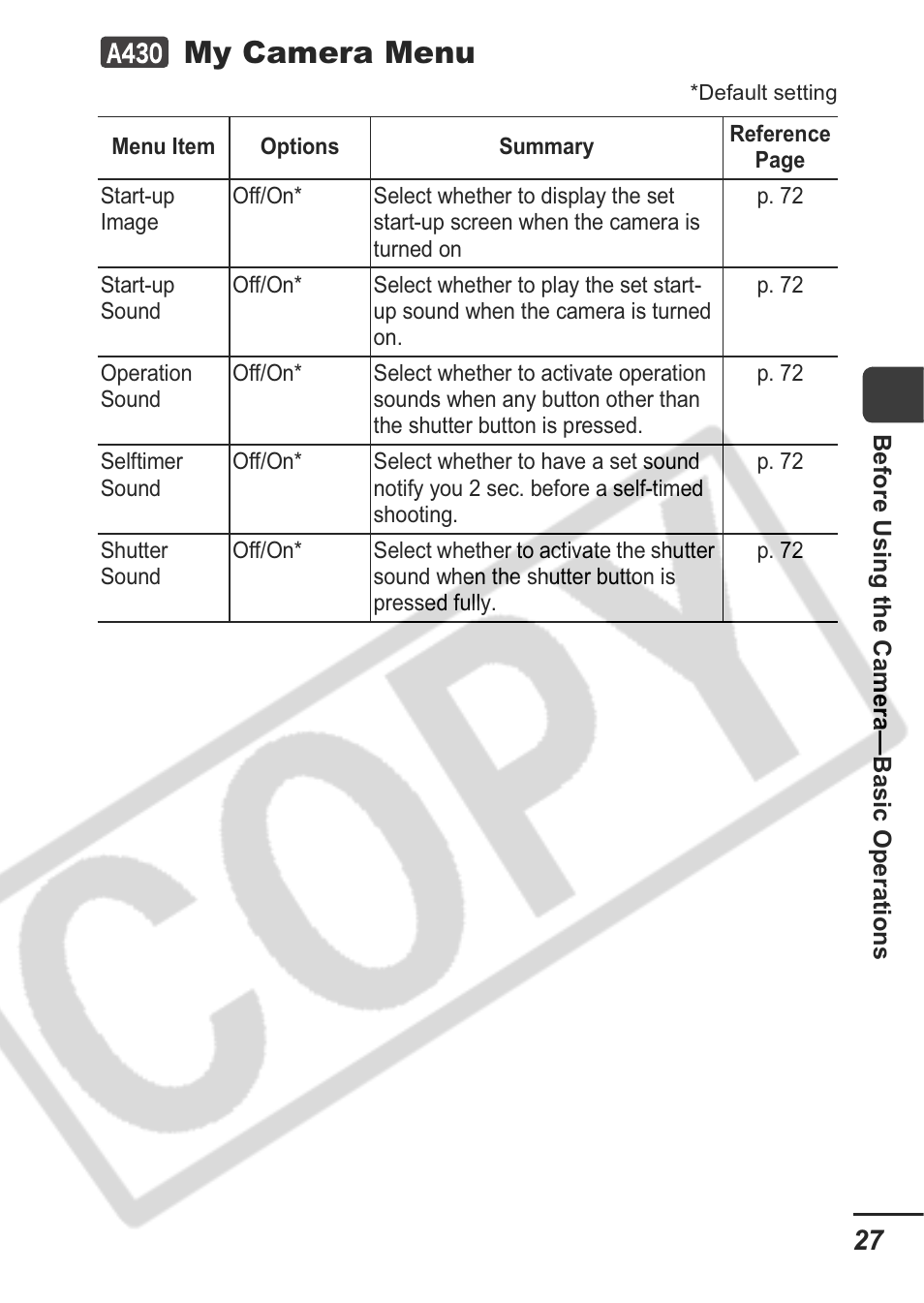 My camera menu | Canon A430 User Manual | Page 29 / 115