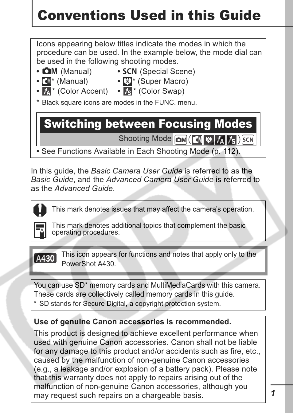 Conventions used in this guide, Switching between focusing modes | Canon A430 User Manual | Page 3 / 115