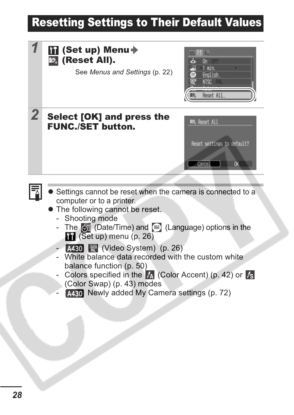 Resetting settings to their default values | Canon A430 User Manual | Page 30 / 115
