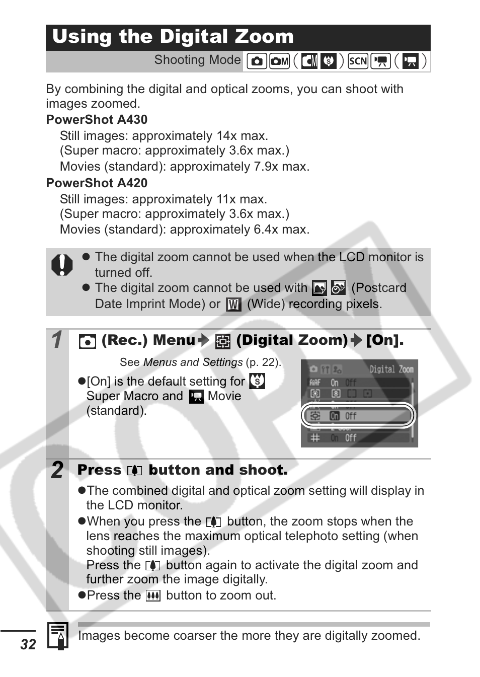 Using the digital zoom | Canon A430 User Manual | Page 34 / 115