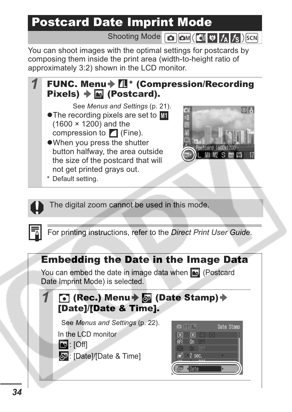 Postcard date imprint mode | Canon A430 User Manual | Page 36 / 115