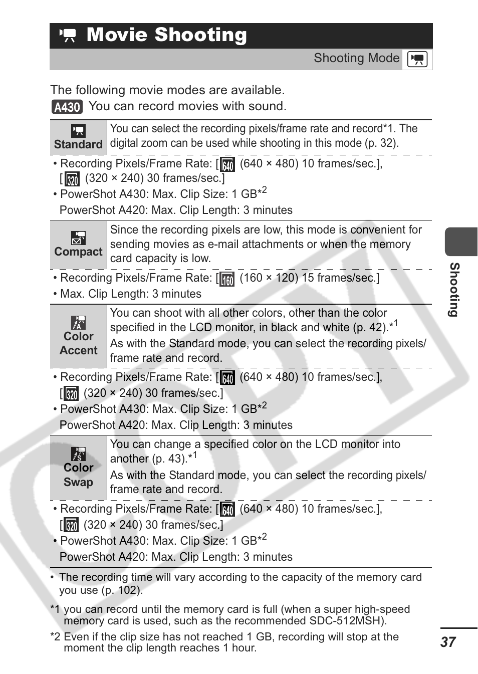 Movie shooting | Canon A430 User Manual | Page 39 / 115