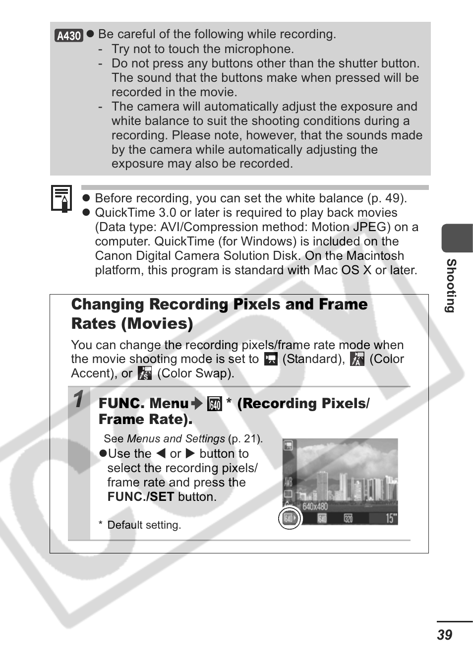 Changing recording pixels and frame rates (movies) | Canon A430 User Manual | Page 41 / 115