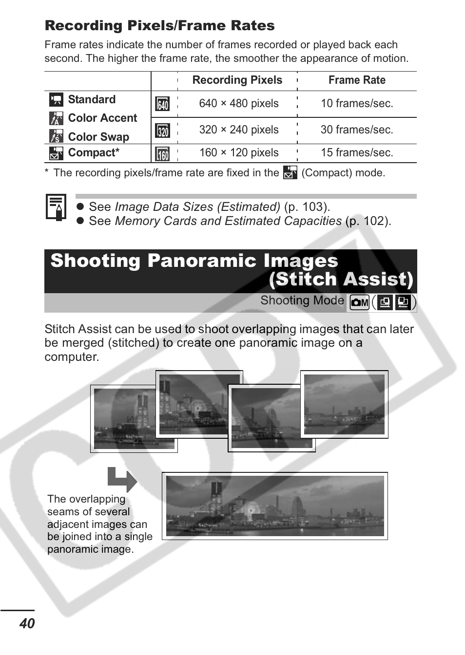 Shooting panoramic images (stitch assist), 40 recording pixels/frame rates | Canon A430 User Manual | Page 42 / 115
