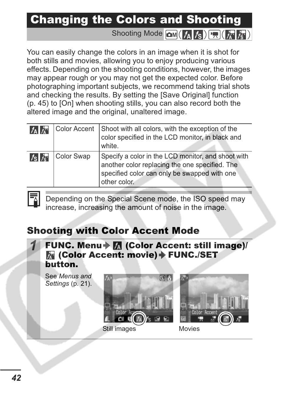Changing the colors and shooting | Canon A430 User Manual | Page 44 / 115