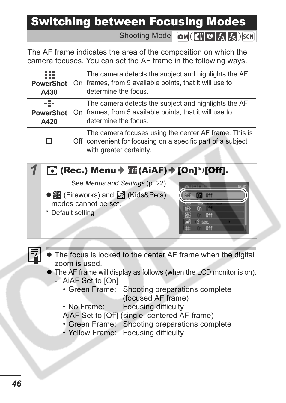 Switching between focusing modes | Canon A430 User Manual | Page 48 / 115