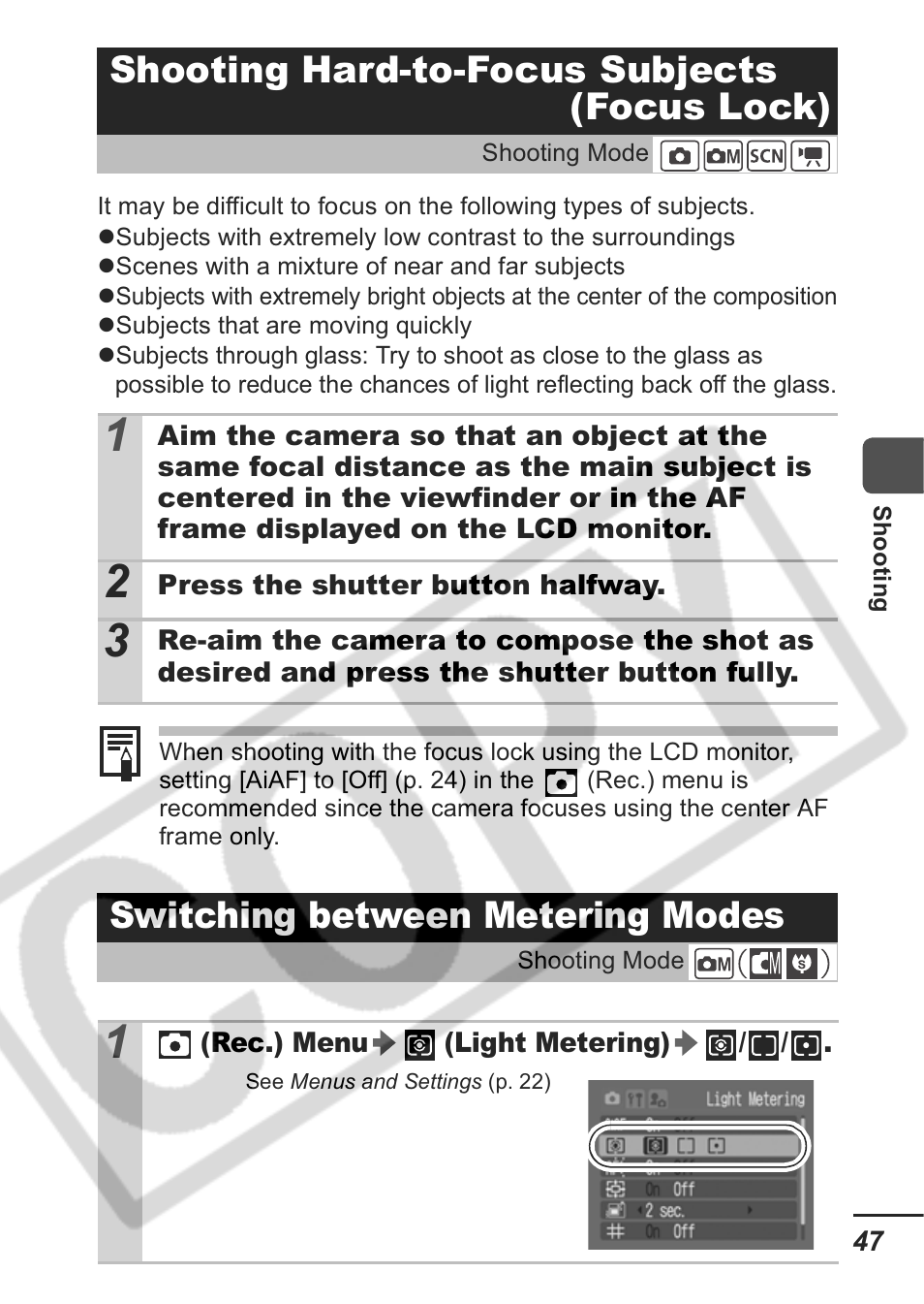 Shooting hard-to-focus subjects (focus lock), Switching between metering modes | Canon A430 User Manual | Page 49 / 115