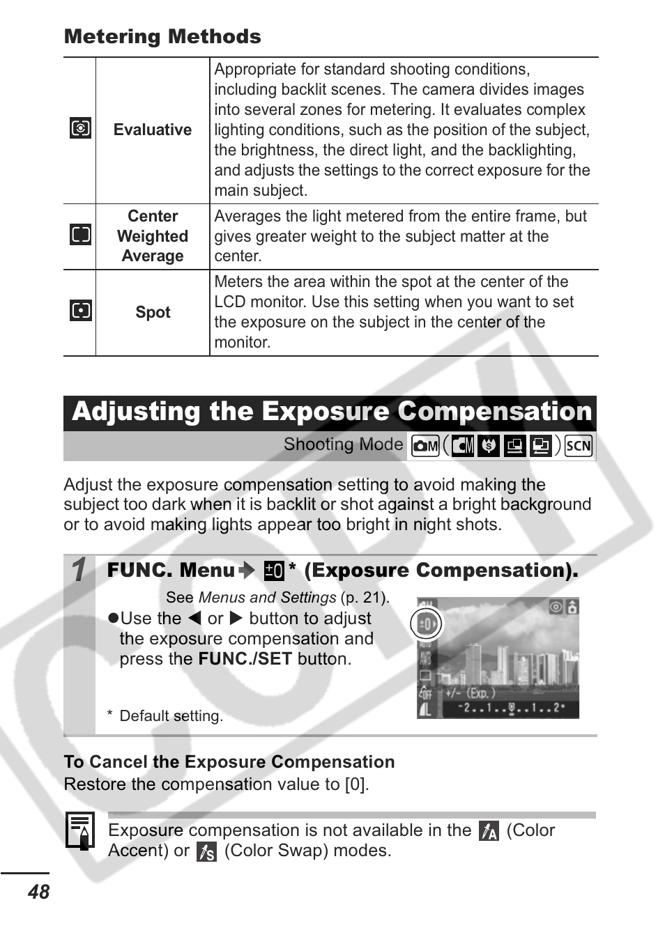 Adjusting the exposure compensation | Canon A430 User Manual | Page 50 / 115