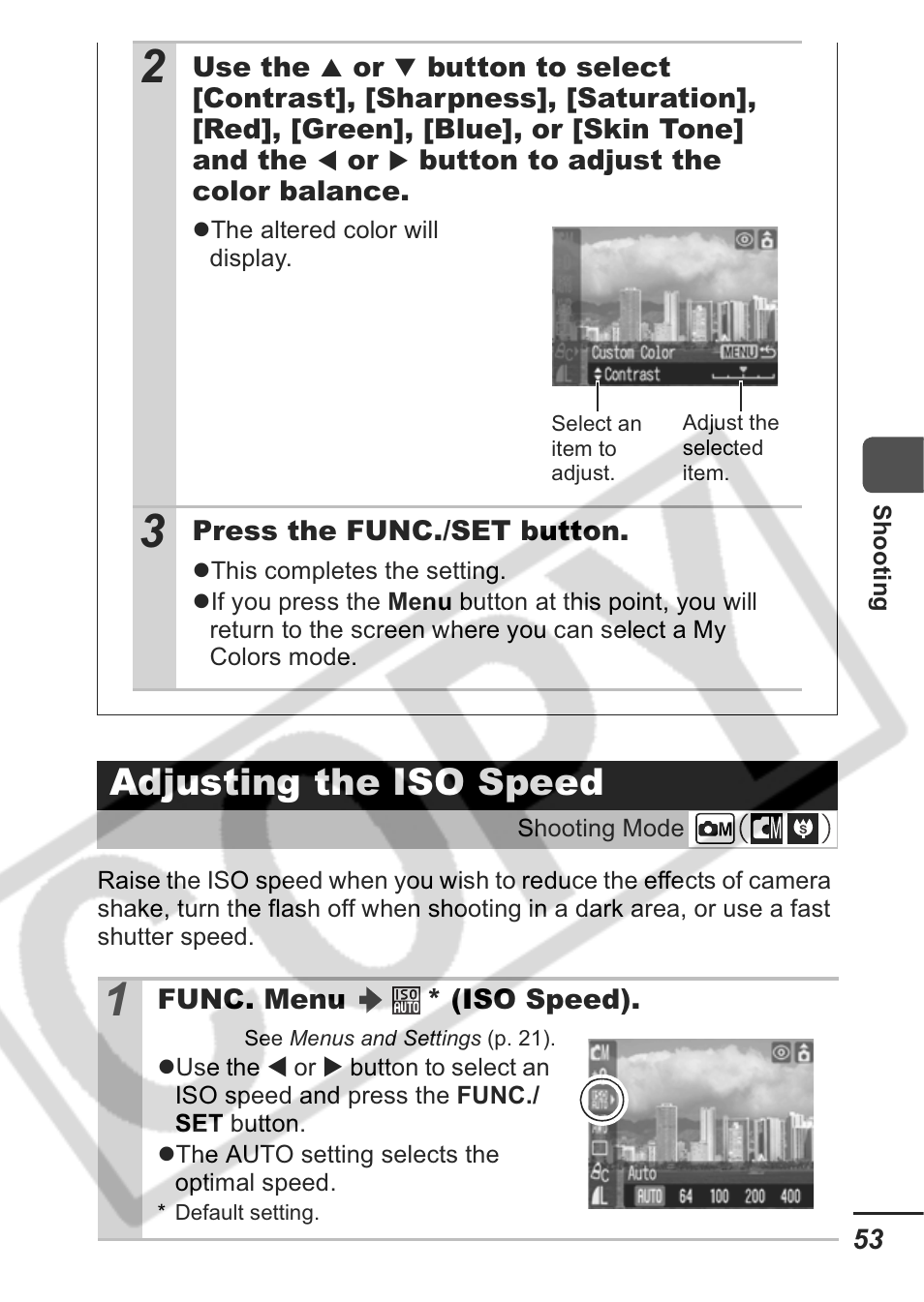 Adjusting the iso speed | Canon A430 User Manual | Page 55 / 115